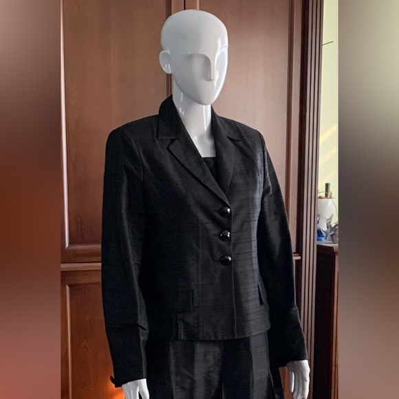 Shiny black silk long pleated dress with slits and short blazer 2 Pc suit US 12 - Picture 10 of 16